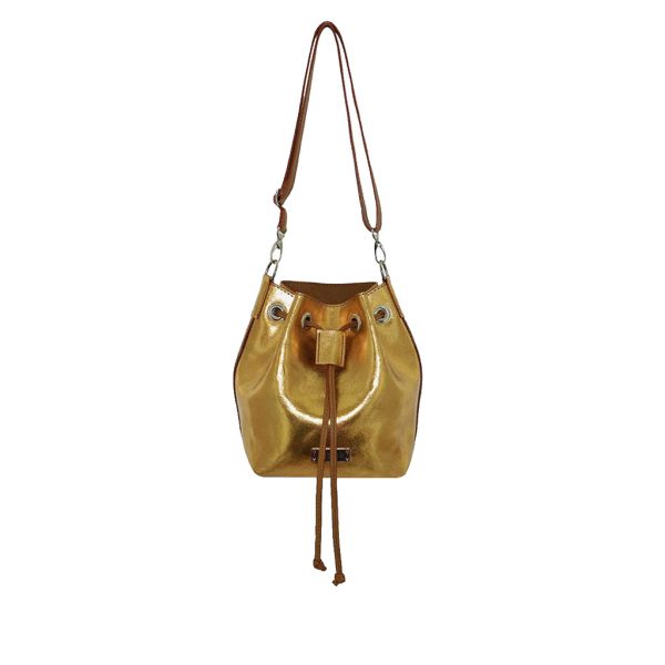 Ledertasche Mini Bucket Bag aus metallic Leder gold und hellbraun