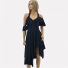 Asymmetrisches Kleid dunkelblau mit Träger, Volant und Schlitz von HIGH USE by Claire Campbell, knielang, schmal an der Büste, locker in der Hüfte, stark reduziert, outlet
