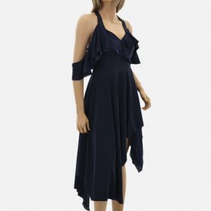 Asymmetrisches Kleid blau mit Träger, Volant und Schlitz von HIGH USE by Claire Campbell, knielang, schmal an der Büste, locker in der Hüfte, stark reduziert, outlet