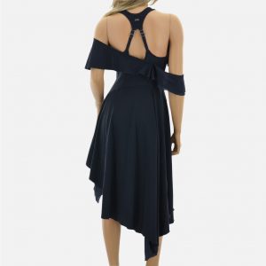 Asymmetrisches Kleid blau mit Träger, Volant und Schlitz von HIGH USE by Claire Campbell, knielang, schmal an der Büste, locker in der Hüfte, stark reduziert, outlet