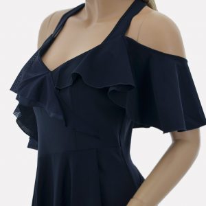 Asymmetrisches Kleid blau mit Träger, Volant und Schlitz von HIGH USE by Claire Campbell, knielang, schmal an der Büste, locker in der Hüfte, stark reduziert, outlet