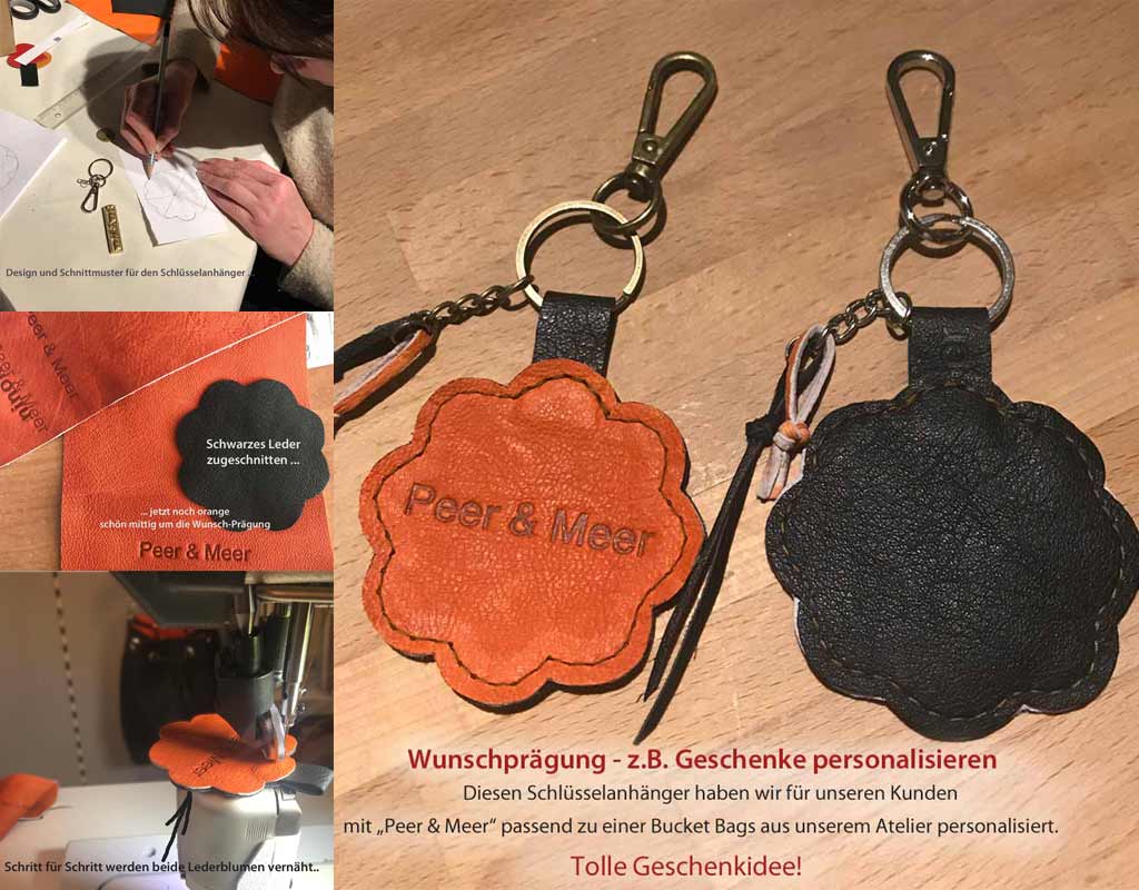 Personalisierte Schlüsselanhänger aus leder, Blume schwarz orange. Individuelle Prägung nach Wunsch möglich.