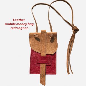 Handytasche aus Ledercognac vintage/rot kombi für Karten und Geld zum umhängen.