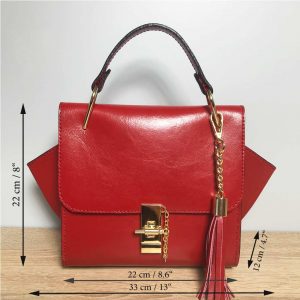 Kleine Ledertasche rot mit Henkel, Drehverschluss mit Kette in Goldoptic, Lederquaste. Elegante perfekte Tasche zum Ausgehen. Damen Henkeltasche mit Deckelklappe. 22 cm hoch, 22 cm breit, 12 cm tief. Als Trapez Tasche mit ausgestellten Seiten 33cm breit.