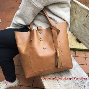 Henkeltasche cognac braun, Ledertasche handgefertigt mit Quaste. Damen Tasche hellbraun. Schultertasche aus Echtleder mit Druckknopf Verschluss. Mittelgroße Handtasche made in Germany braun.
