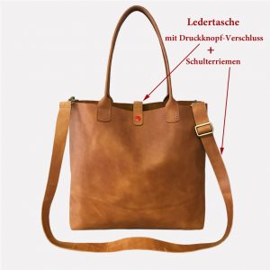 Ledertasche cognac braun mit zwei Henkel, 5 Innenfächer, Schlüsselanhänger. Henkeltasche Damen, große Tasche mit Schulterriemen und Drucknopfverschluss aus robustem pullup Leder. Handgenäht in Deutschland.