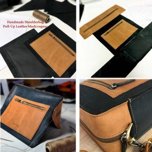 Schultertasche Ledertasche nähen cognac schwarz Damen Herren Umhängetasche, handgefertigte Ledertasche mit Schulterriemen.