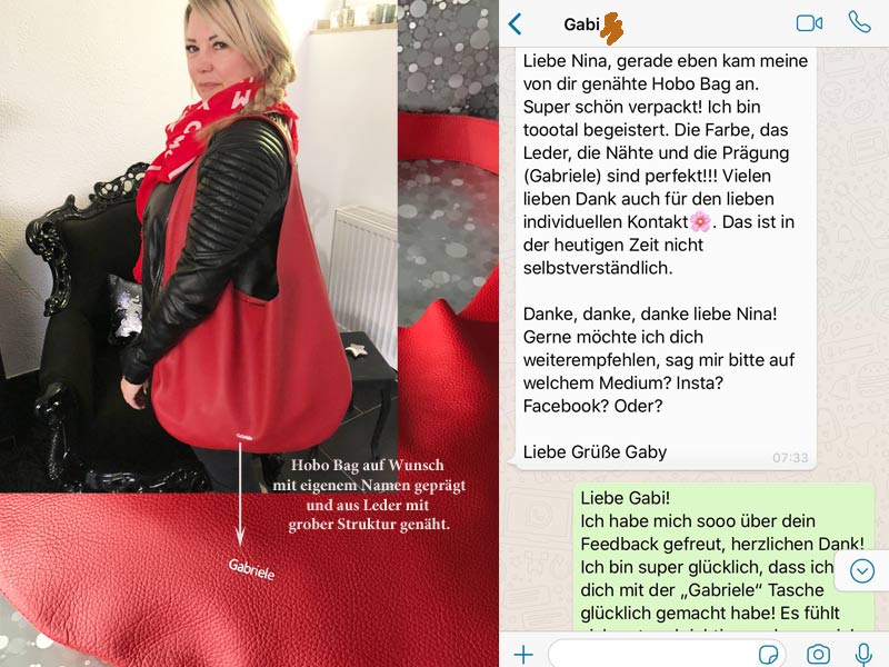 Kunden Feedback Bewertung zu atelier ninok Ledertasche Hobo Bag groß rot. Individuelle Tasche mit Namen geprägt und so personalisiert.