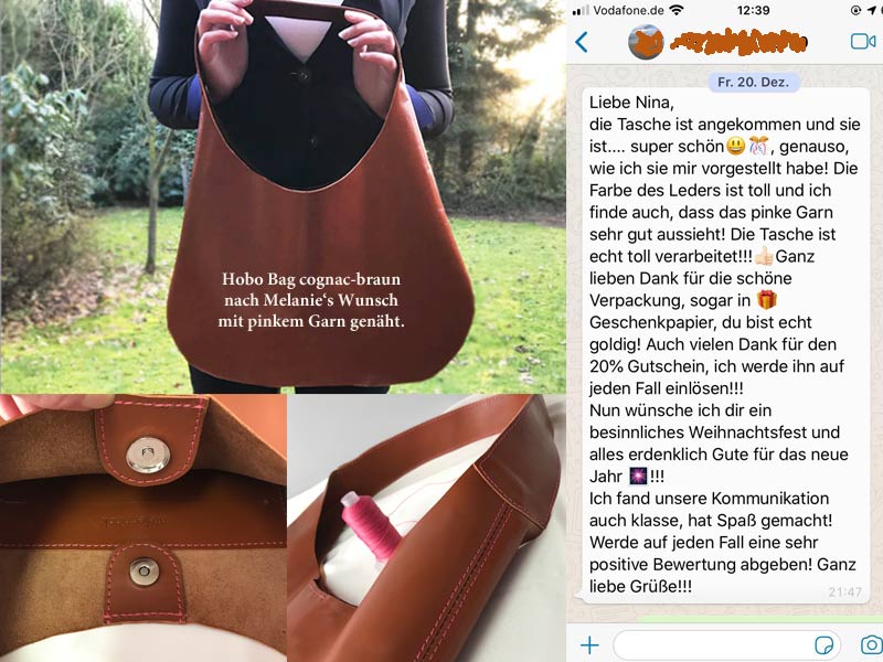Kunden Feedback Bewertung zu Hobo Bag Ledertasche cognac braun mit Wunschgarn pink