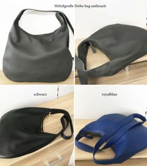 Mittelgroße Ledertasche Hobo Bag in klassisch schwarz, anthrazit, royalblau oder Wunschfarbe. Mit Schulterhenkel oder crossbody. Mit Reißverschluss und mit Innenfach.