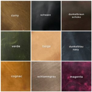 Ledertaschen Farben: curry, schwarz, dunkelbraun schoko, verde, beige, dunkelblau navy, cognac, schlammgrau, magenta. Hinterlasse die Wunschfarbe in der Bestellnotiz.
