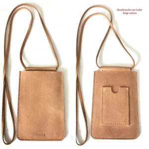 Handytasche zum umhängen aus Leder mit Karten Geld Fach in beige natur vintage. Minimalistische Handy Ledertasche aus dickem robusten Leder handgefertigt in Deutschland.