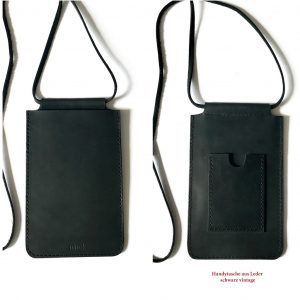 Handytasche zum umhängen aus Leder mit Karten Geld Fach in schwarz mit vintage Charakter. Minimalistische Handy Ledertasche aus dickem robusten Leder handgefertigt in Deutschland.
