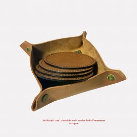 Lederschale mit 4 Lederuntersetzer Set cognac braun. Schale quadratische, Untersetzer rund, Bierdeckelform.