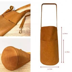 Eimertasche aus weichem Leder in cognac-braun, Beuteltasche Bucket bag mit rundem Boden Durchmesser ca. 21cm. Taschenhöhe 38cm, Außenfach 24cm hoch, Henkel 68cm. Optionen ohne Verschluss oder mit Druckknöpfen. Innen ein Schlüsselband mit Karabiner.