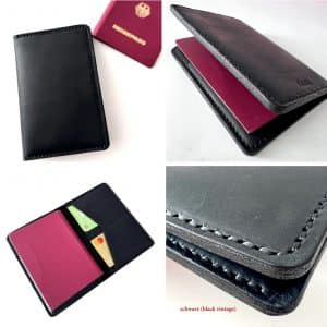 Reisepasshülle aus Leder in vintage schwarz. Passhülle, Ticket und Kartenetui mit vielen Einschüben. Handgenäht aus robustem Pull-Up Rindsleder. Polierte Kanten. Personalisierung mit Namen oder Initialen möglich. Gute Geschenkidee für Damen und Herren.