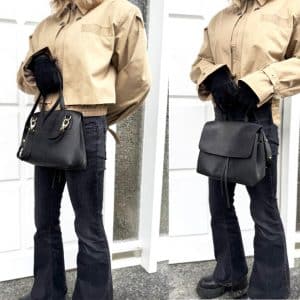 Ledertasche mit Deckel Klappe schwarz vintage optik. Handtasche mit Griff und praktisch mit Crossbody Riemen zum Umhängen. Mittelgroße, handgenähte, robuste Damen Umhängetasche mit Klappe und Innenfach. Tasche mit Zugband-Verschluss.