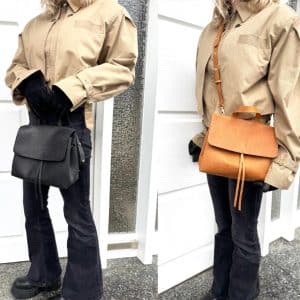 Ledertasche mit Deckel Klappe schwarz und cognac in vintage optik. Handtasche mit Griff und praktisch mit Crossbody Riemen zum Umhängen. Mittelgroße, handgenähte, robuste Damen Umhängetasche mit Klappe und Innenfach. Tasche mit Zugband.