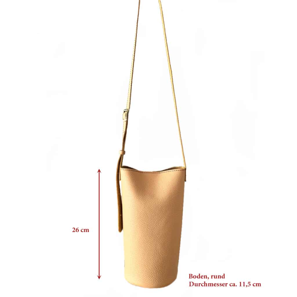 Helle kleine Ledertasche in beige sand Umhängetasche und Schultertasche. Mini Bucket bag mit rundem Boden Durchmesser ca. 11,5cm, Taschen Höhe 26cm. Längenverstellbarer Riemen. Magnetverschluss. Tasche handgefertigt aus genarbtem, glatten Rindleder. Auch in schwarz, braun, rot, weiß, grün usw. zu kaufen.