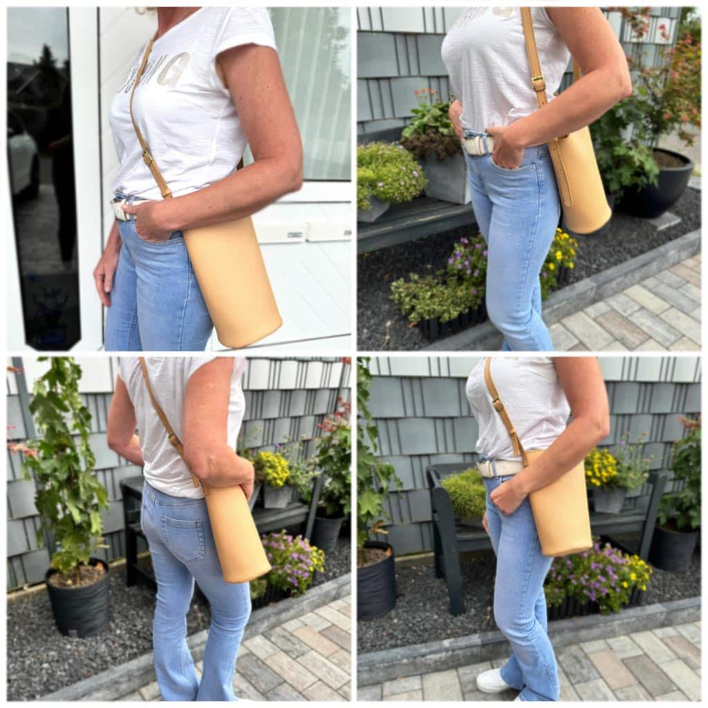 Helle kleine Ledertasche in beige sand Umhängetasche und Schultertasche. Mini Bucket bag mit rundem Boden. Längenverstellbarer Riemen. Magnetverschluss. Tasche handgefertigt aus genarbtem, glatten Rindleder. Auch in schwarz, braun, rot, weiß, grün usw. zu kaufen.